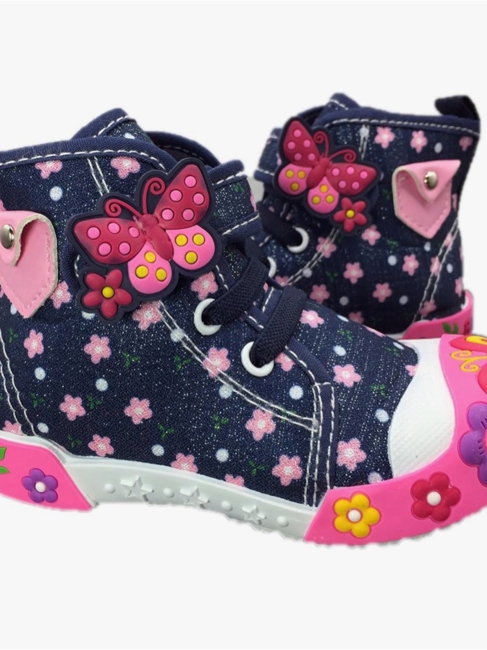 Amari Girls Navy Butterfly High-Top Sneakers with Pink Accents